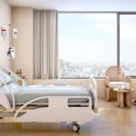 Hospital recovery room with beds and chairs.3d rendering