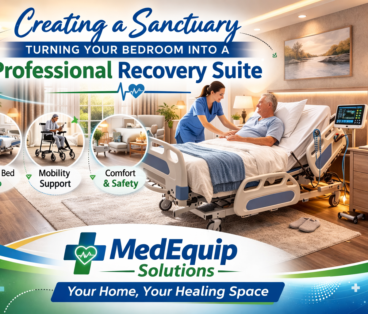 Peaceful bedroom converted into a professional home recovery suite with adjustable hospital bed by MedEquip Solutions