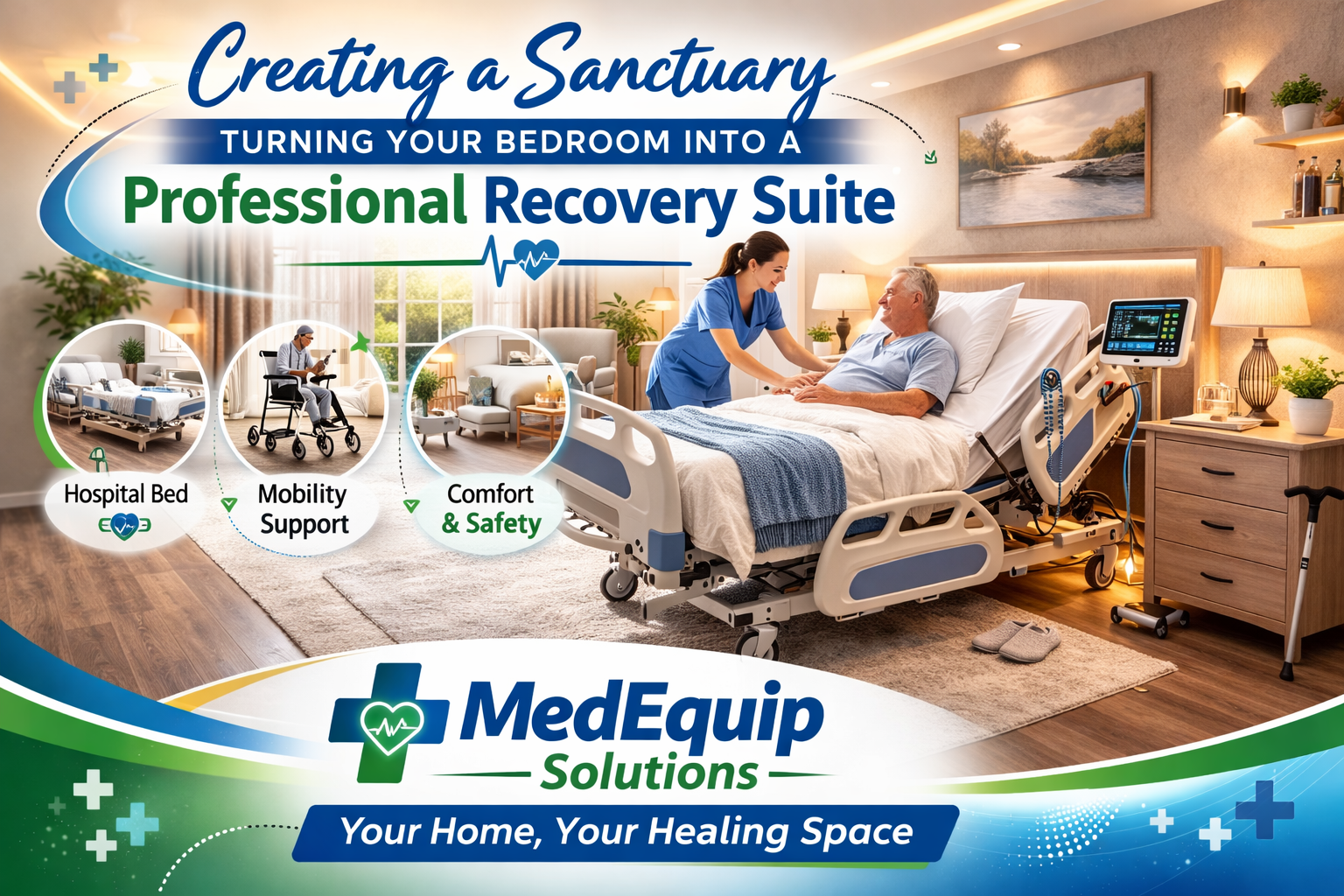 Peaceful bedroom converted into a professional home recovery suite with adjustable hospital bed by MedEquip Solutions