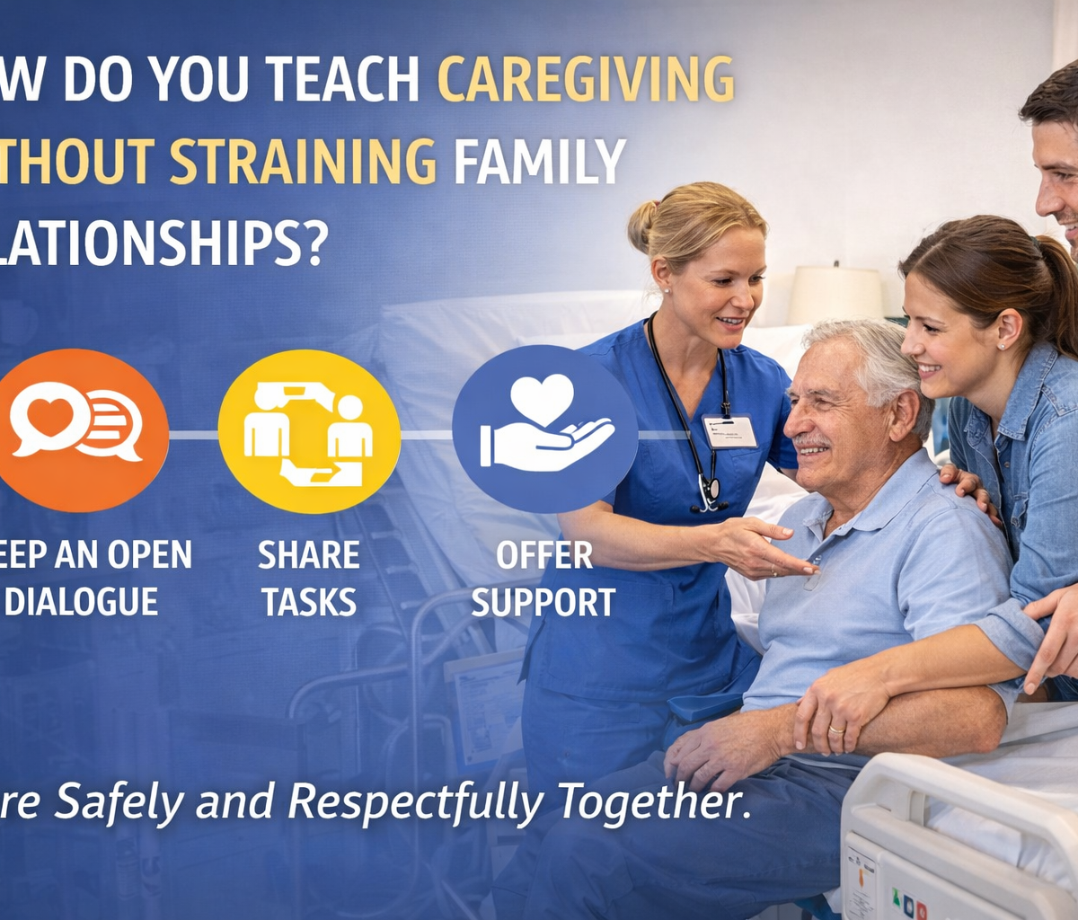 Two family members in Toronto learning to adjust a hospital bed with mattress rental while maintaining a supportive and positive atmosphere.