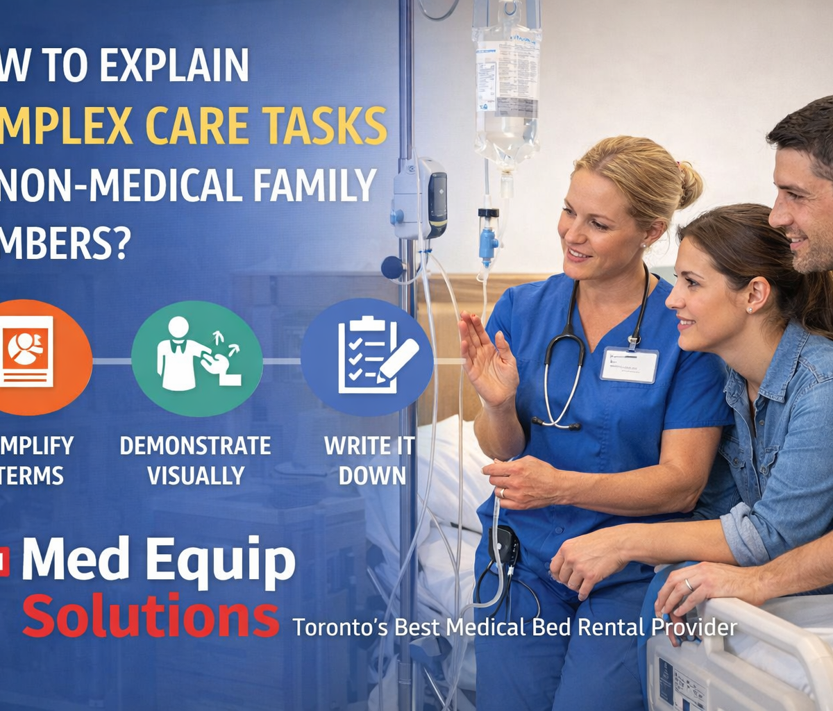 A specialist from MedEquip Solutions explaining how to use a hospital bed with mattress rental to a family caregiver in a Toronto home.