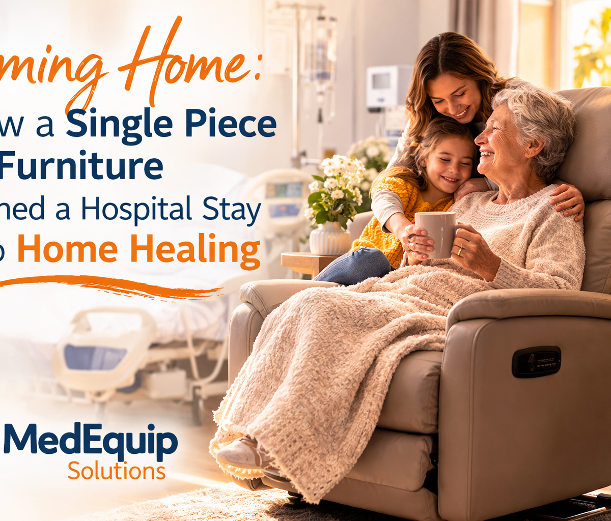 After being discharged from the hospital, the patient is relaxing in a comfortable medical recliner at home, demonstrating how MedEquip Solutions furniture aids in home recovery and healing.