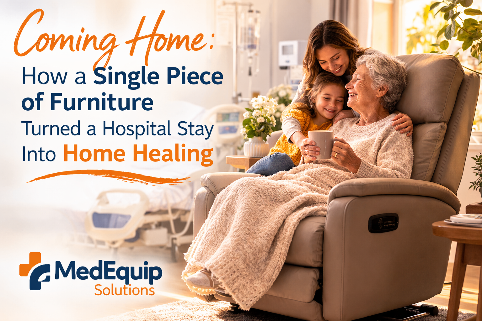 After being discharged from the hospital, the patient is relaxing in a comfortable medical recliner at home, demonstrating how MedEquip Solutions furniture aids in home recovery and healing.