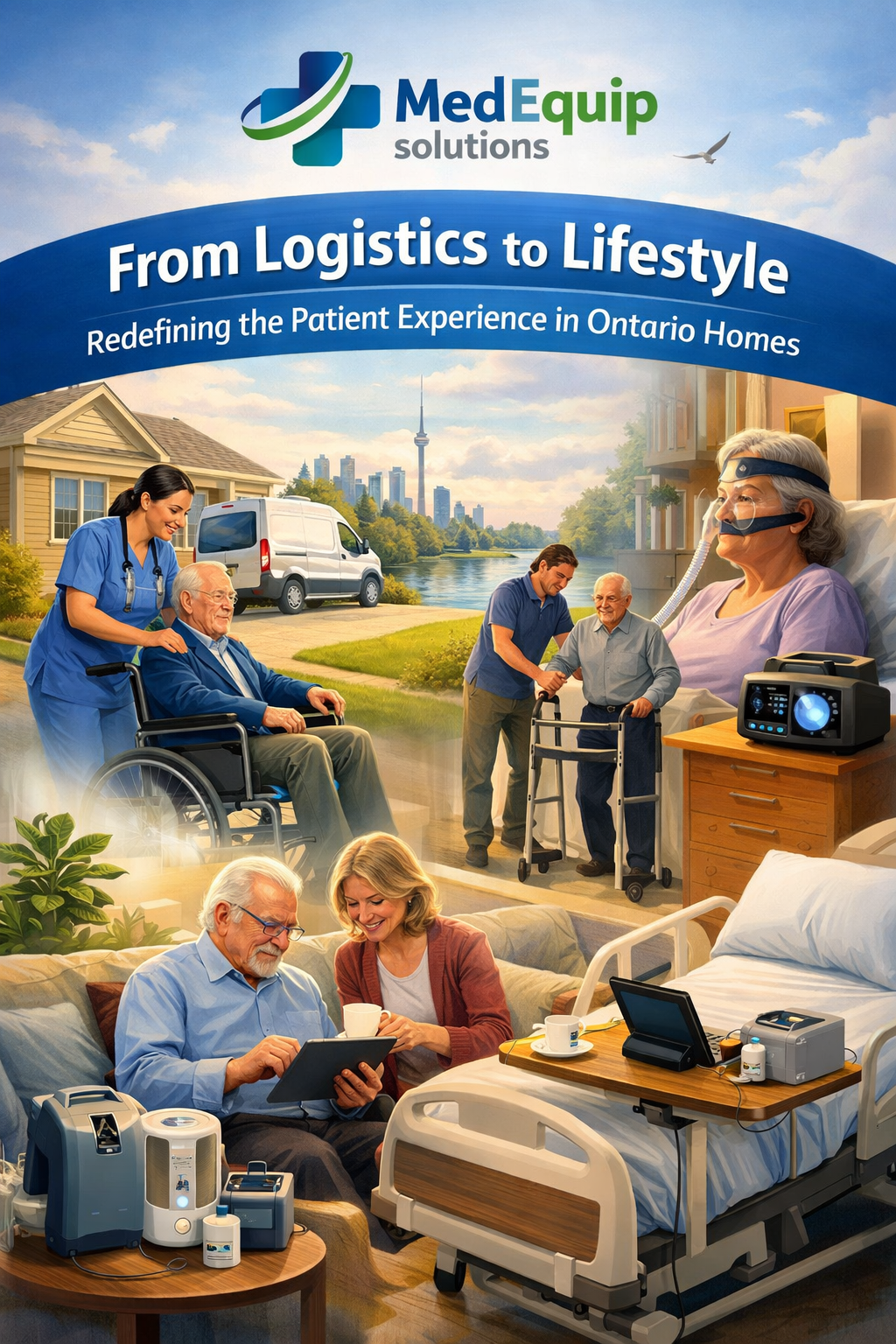 Home healthcare setup with electric hospital bed and medical equipment showing how MedEquip Solutions improves patient lifestyle and recovery experience in Ontario homes.