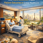 Modern hospital recovery room with a comfortable medical bed, doctor speaking with a patient, and a scenic city view, illustrating how thoughtful ward design and calming aesthetics support faster healing and improved patient satisfaction in global healthcare.