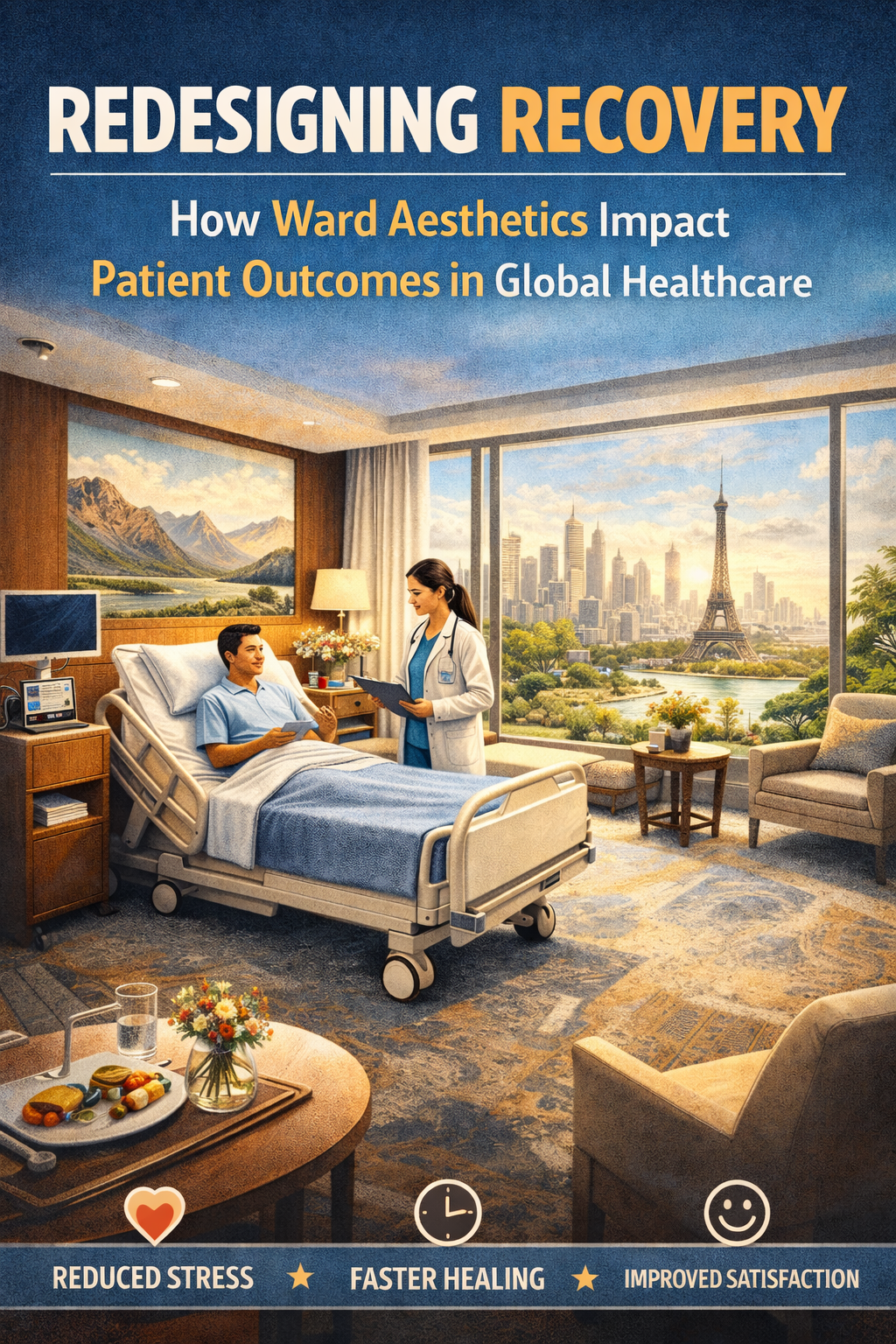 Modern hospital recovery room with a comfortable medical bed, doctor speaking with a patient, and a scenic city view, illustrating how thoughtful ward design and calming aesthetics support faster healing and improved patient satisfaction in global healthcare.