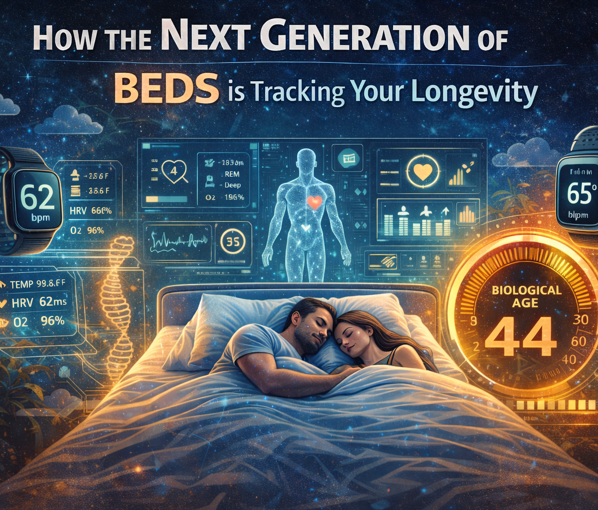 A clean, modern residential bedroom featuring an electric, adjustable medical bed with an integrated digital touchscreen display showing sleep quality and longevity data