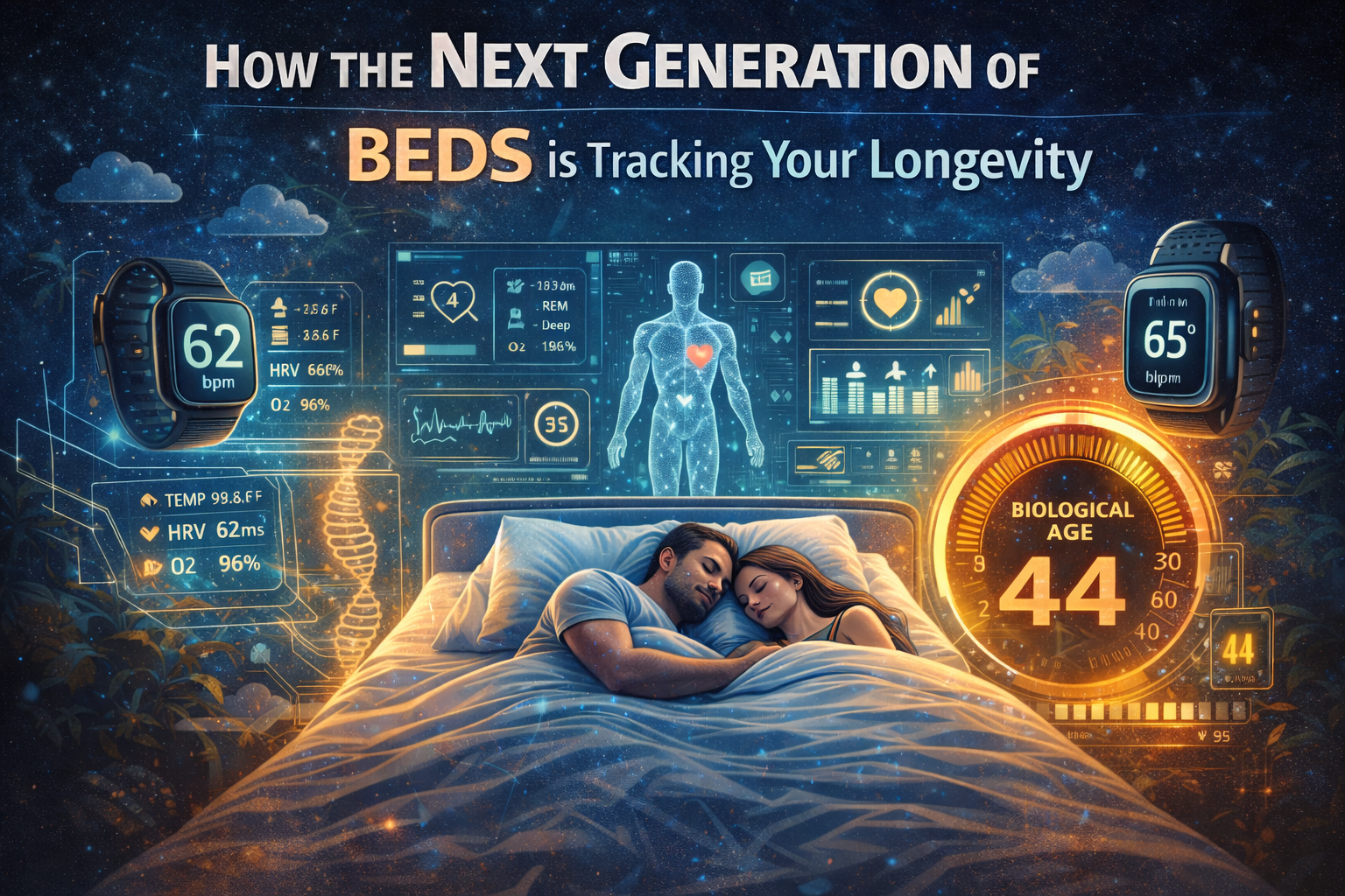 A clean, modern residential bedroom featuring an electric, adjustable medical bed with an integrated digital touchscreen display showing sleep quality and longevity data