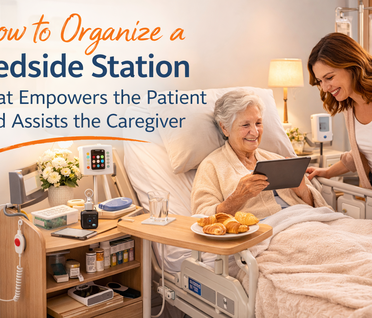 Organized bedside station with medical supplies, tablet, water, and essentials beside a hospital bed helping a patient stay independent while assisting a caregiver.