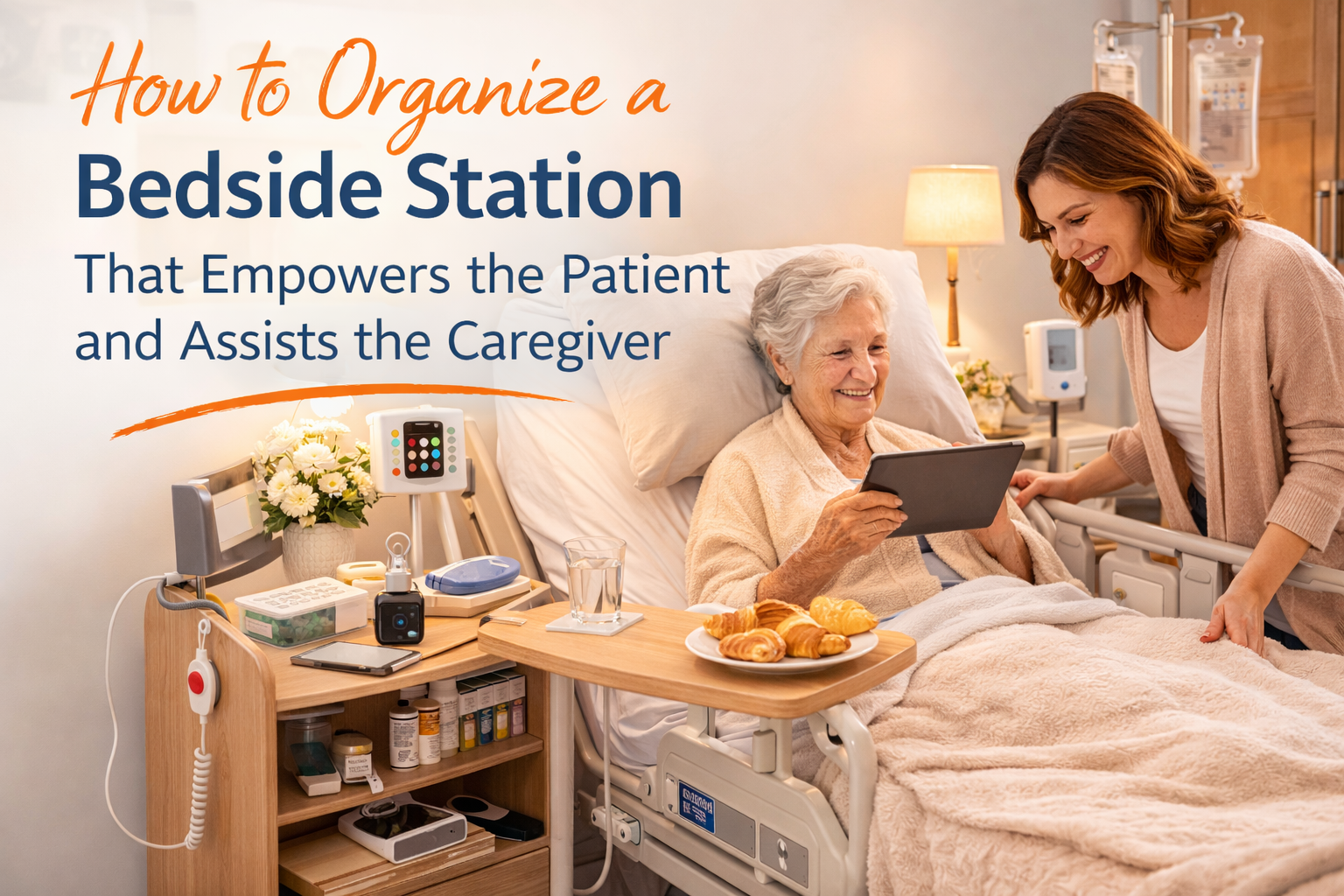 Organized bedside station with medical supplies, tablet, water, and essentials beside a hospital bed helping a patient stay independent while assisting a caregiver.