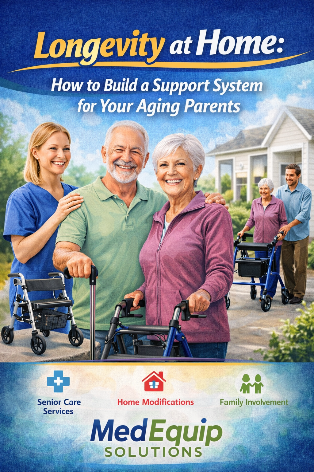 Happy senior couple using walkers with caregiver support outside a home, promoting home care and mobility solutions by MedEquip Solutions.