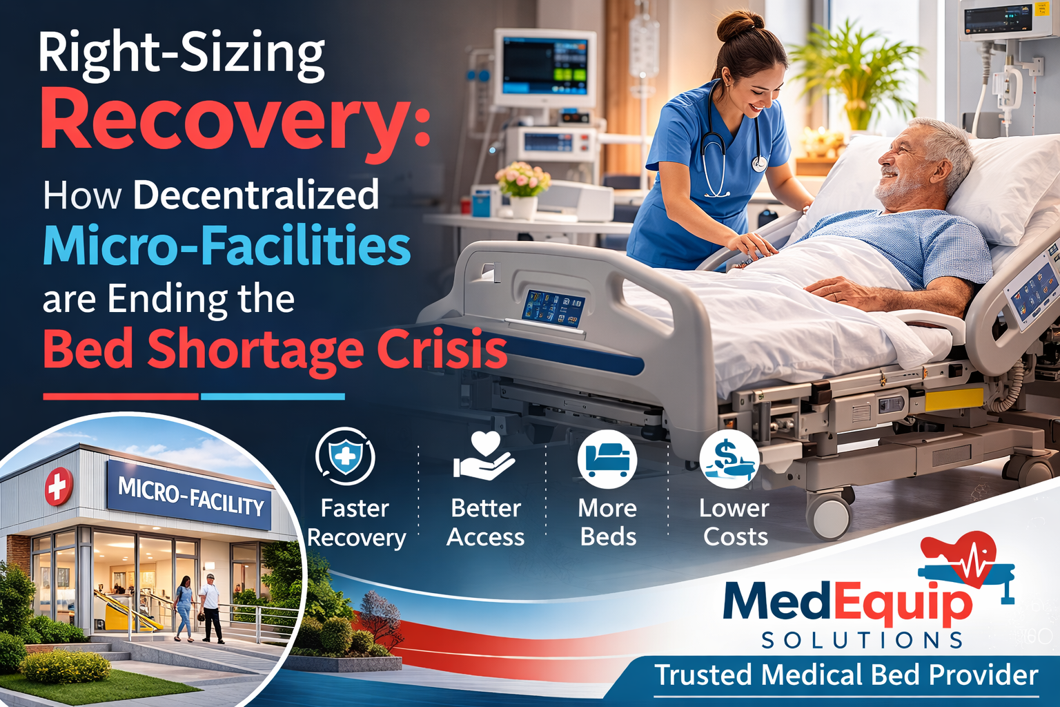 Patient recovering in an advanced hospital bed with a nurse in a modern micro-facility, illustrating decentralized healthcare and medical bed solutions by MedEquip Solutions trusted medical bed provider.