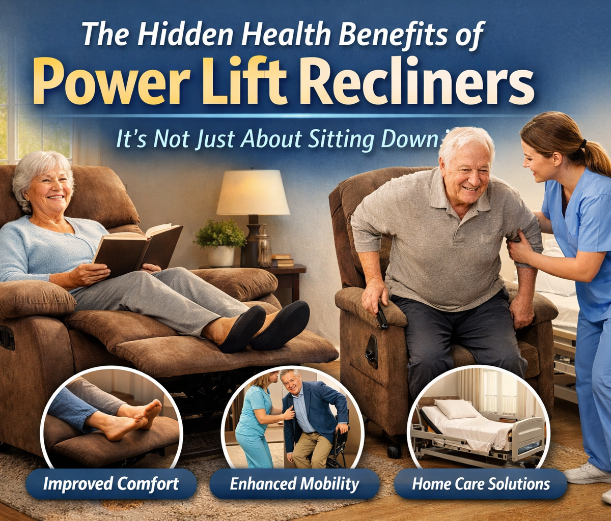 Senior using a power lift recliner with caregiver support showing mobility benefits and home care comfort alongside hospital bed solutions in a home setting.