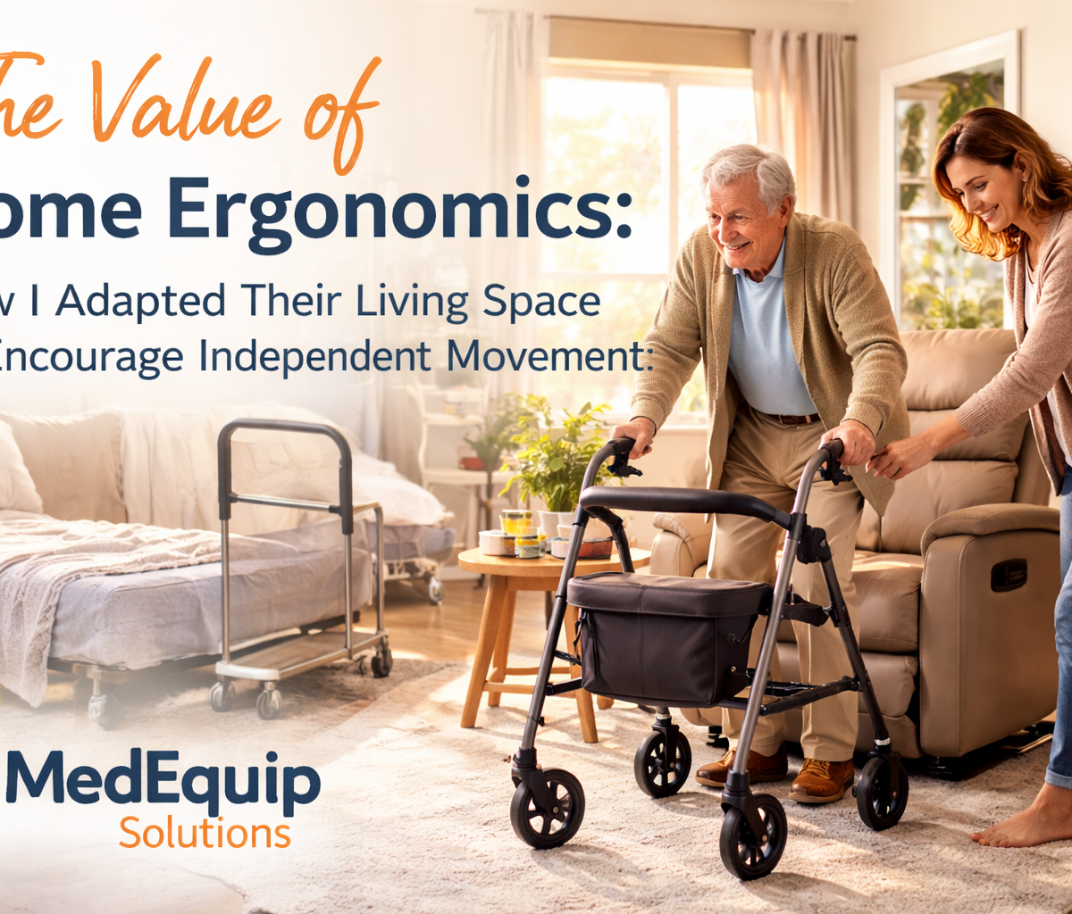 Home ergonomics setup with supportive furniture and mobility aids helping a senior move independently and safely during recovery at home. Slug URL: the-value-of-home-ergonomics-encouraging-independent-movement