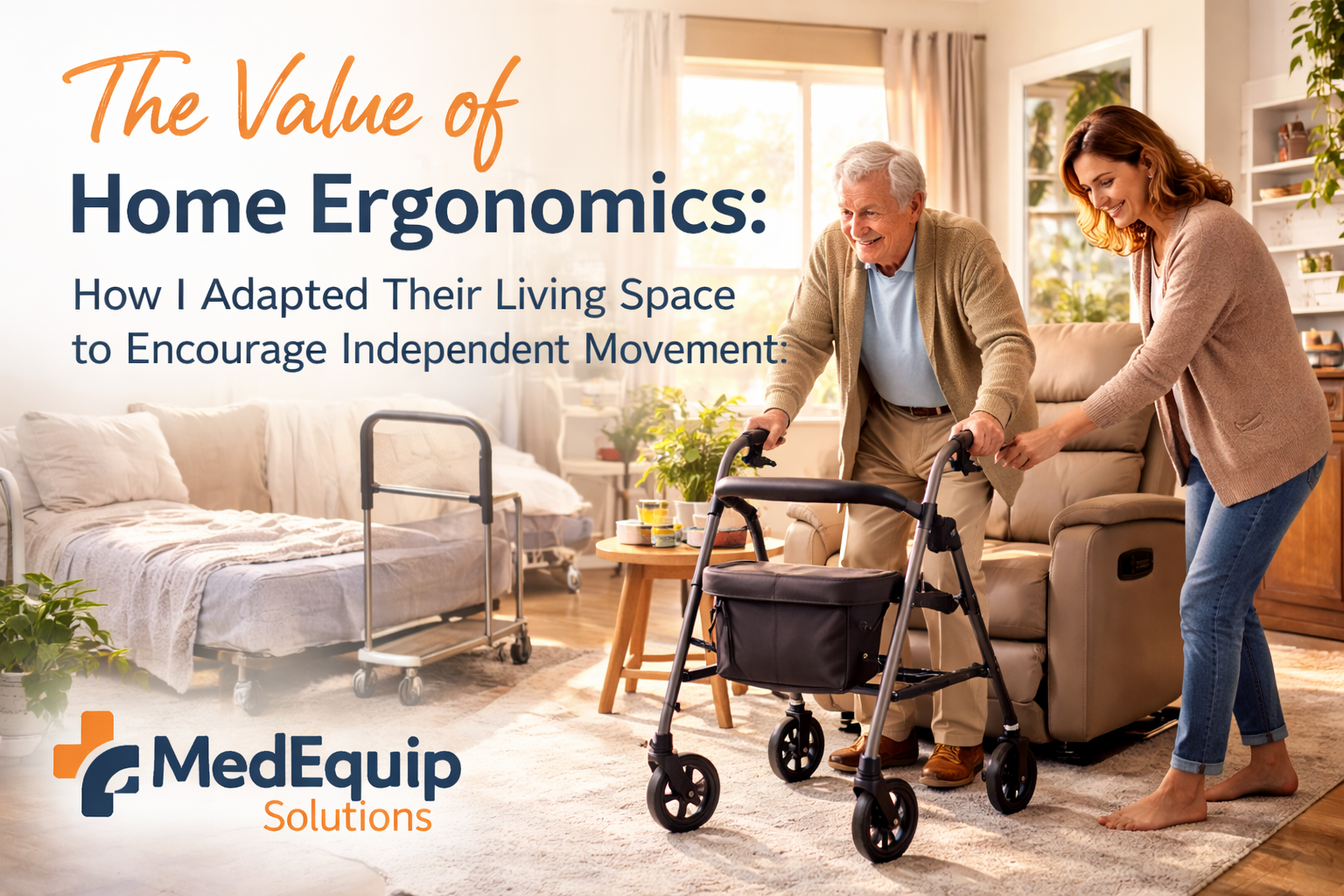 Home ergonomics setup with supportive furniture and mobility aids helping a senior move independently and safely during recovery at home. Slug URL: the-value-of-home-ergonomics-encouraging-independent-movement